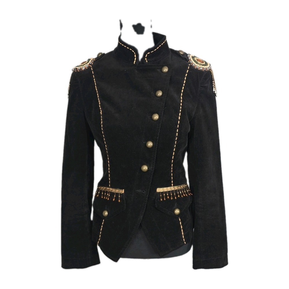 Spy Zone Exchange Corduroy Military Boho Beaded Jacket S Black Artsy Maximalist